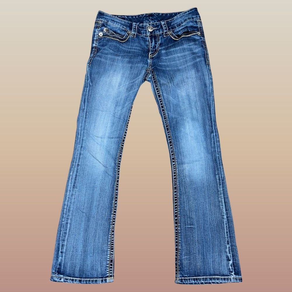 SEVEN7 Low Rise Distressed Medium Wash Boot Cut Denim Jeans Size 6